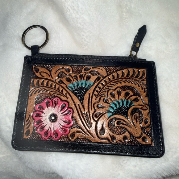 Source Unknown Accessories - Genuine Leather Black and Brown Floral Key Card Holder